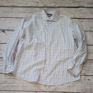 Penguin Munsingwear Men's Blue Tan White Checkered Button Down Shirt 17 34/35